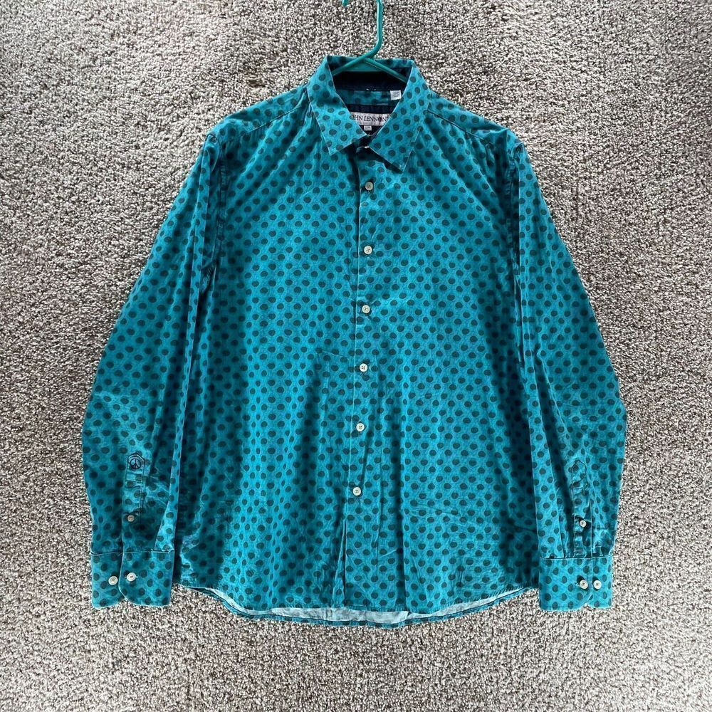 John Lennon Shirt Mens Large‎ Blue Polka Dots Long Sleeve Button Up Classiccore